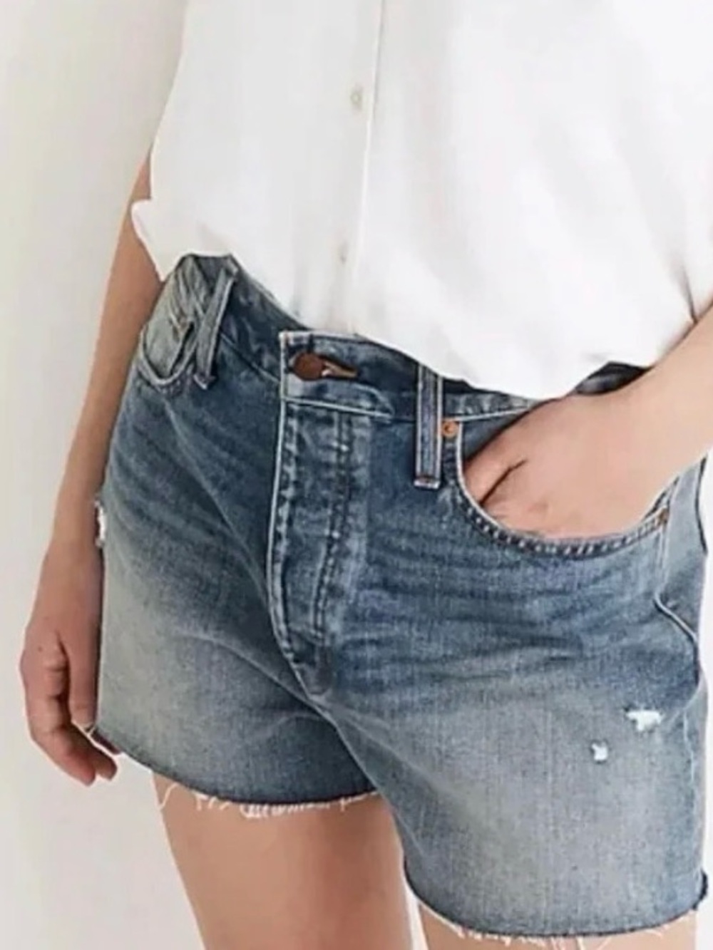 Madewell 25 The Dadjean Short Castlewood Wash Blue Denim Distressed Button Fly